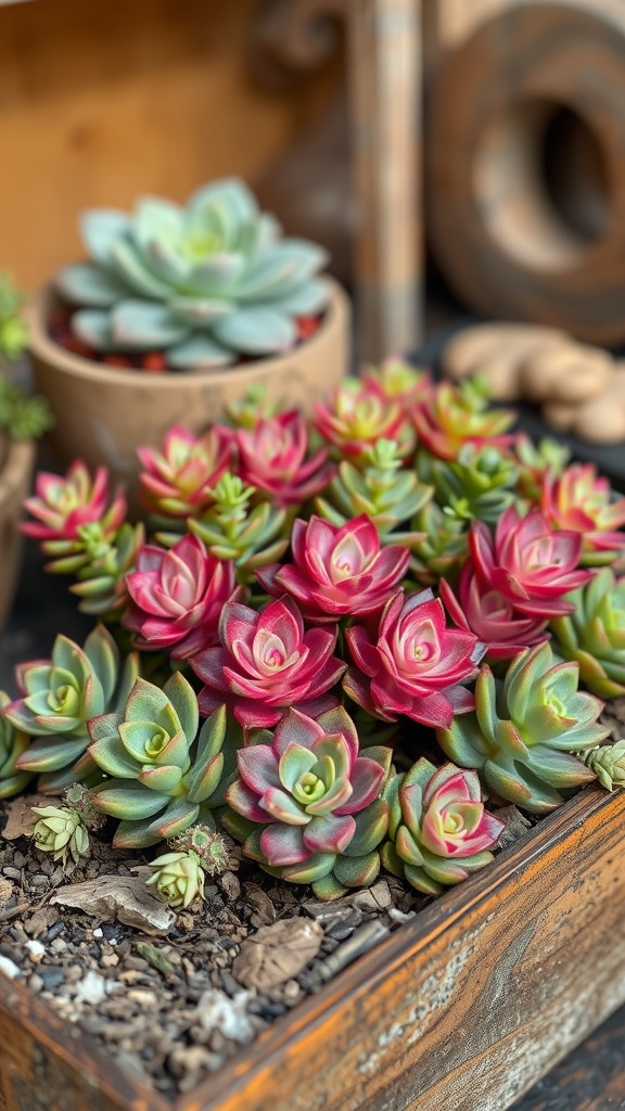 A vibrant arrangement of colorful sedum succulents in a wooden planter.