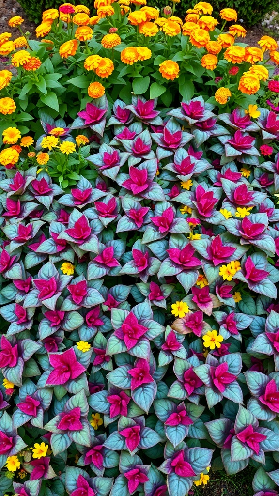 Colorful ground cover featuring purple and yellow flowers among green leaves.