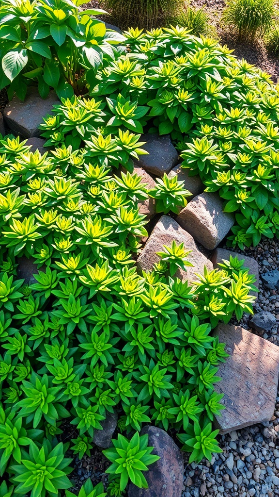 Lush green Sedum plants growing among rocks in a garden setting