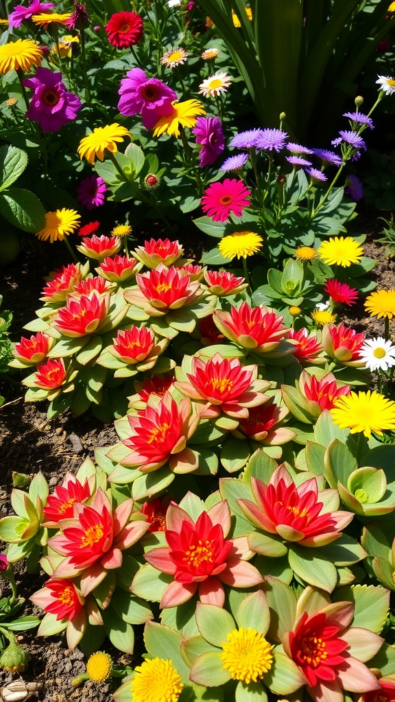 Colorful garden with blooming Sedum and various other flowers