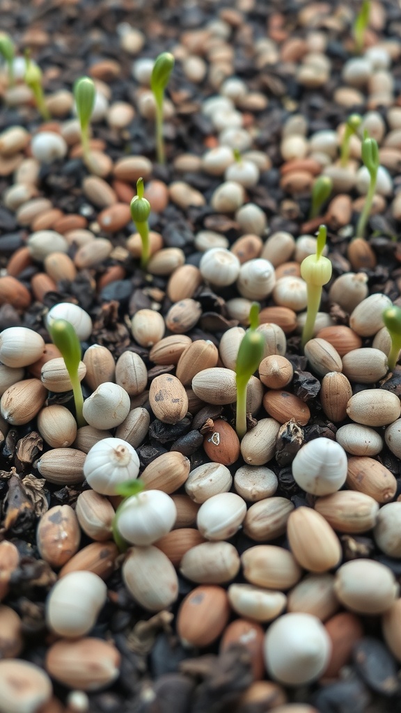 Various seeds with some germinating shoots on a surface