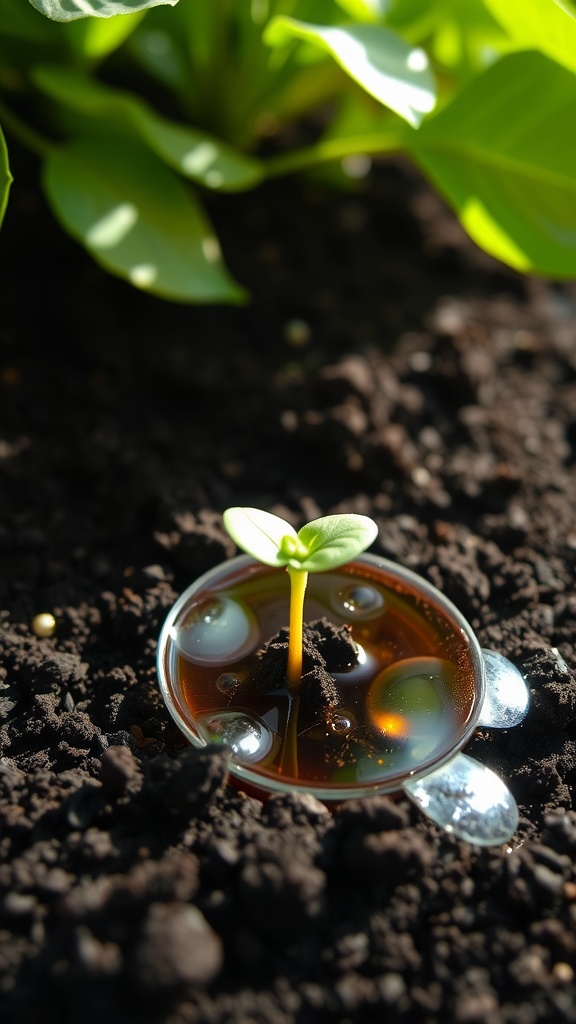 A small tomato seedling in soil with a dish of compost tea beside it.