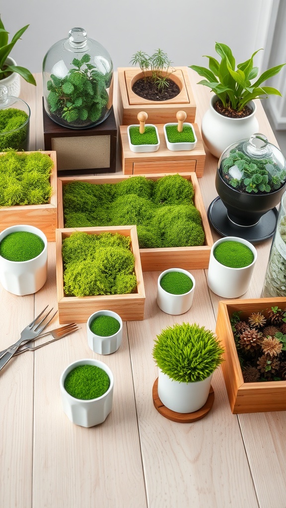 A variety of containers displaying lush green moss arranged on a wooden surface.