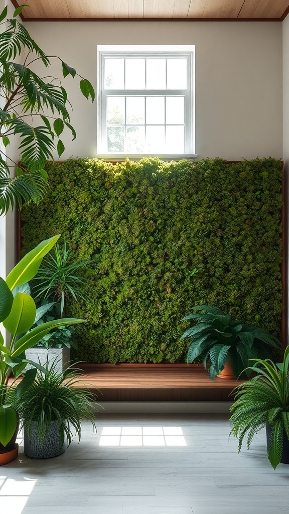 A lush moss wall with various indoor plants beside it, showcasing a vibrant indoor vertical garden.