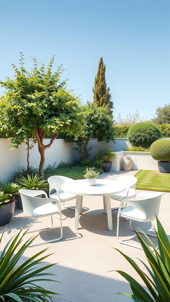 A stylish outdoor seating area featuring white furniture surrounded by lush greenery.