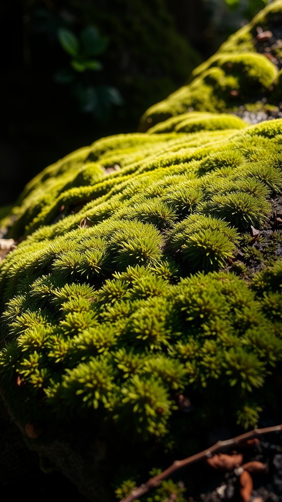 Image displaying various moss varieties labeled with names, showcasing their shapes and colors in a garden setting.