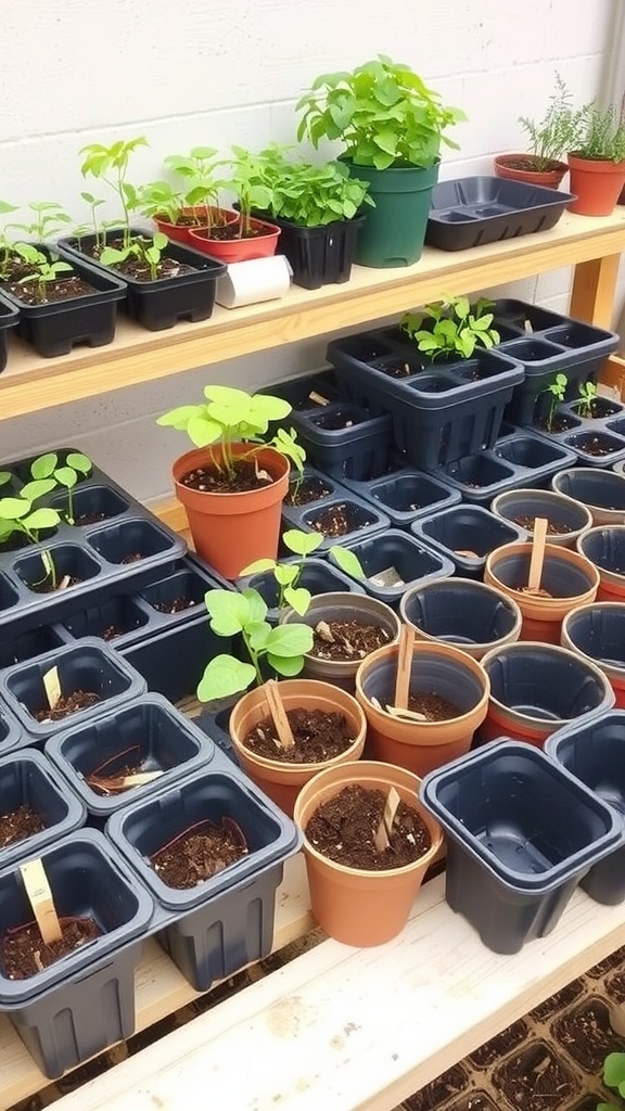 A shelf with various containers holding seedlings, showcasing pots and trays filled with young plants.