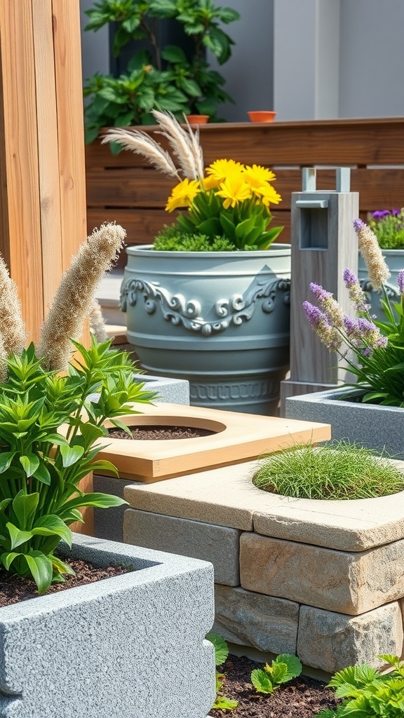 A close-up view of raised flower beds made from various materials, including wood and stone, with vibrant plants and flowers.