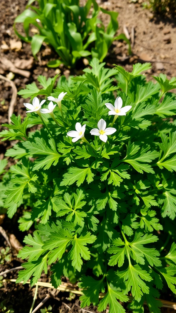 Healthy cilantro plant with green leaves and white flowers in a garden