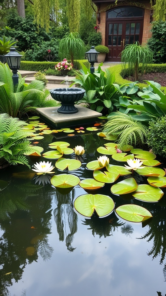 A tranquil garden pond with lily pads and water lilies, surrounded by lush greenery and decorative lanterns.