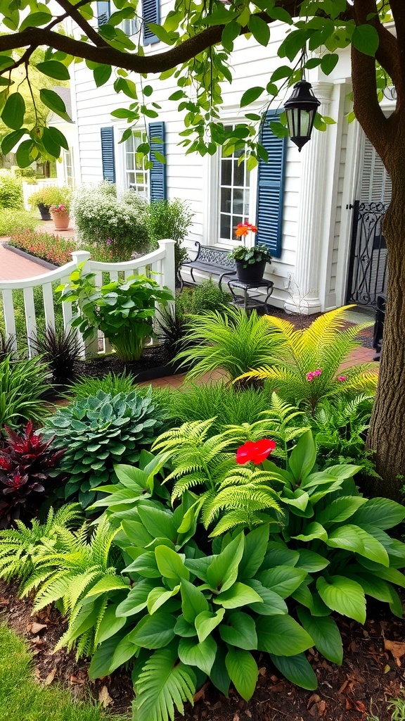 A vibrant flower bed featuring shade-loving plants in front of a house.