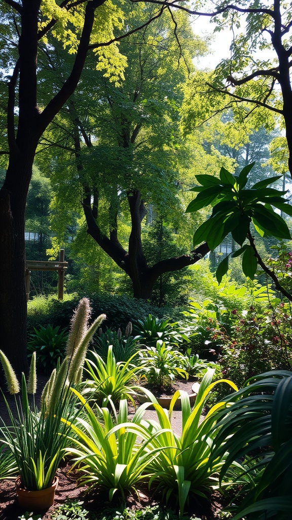 A lush shade garden with various native plants, showcasing vibrant greenery and a peaceful atmosphere.