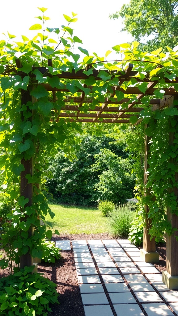 A lush trellis covered in green vines leading to a serene garden space.