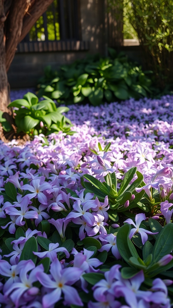 Shady garden area featuring lush green hostas and vibrant periwinkle flowers in bloom.