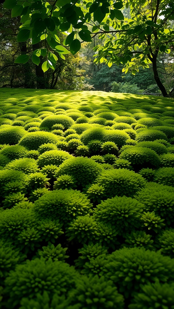 Lush sheet moss covering the ground in a well-lit area, creating a soft, green landscape.