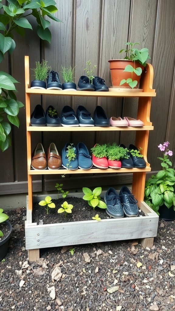 A shoe rack garden bed with shoes and plants growing in them