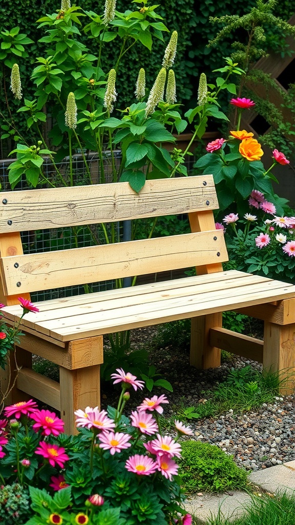 A simple wooden garden bench surrounded by colorful flowers