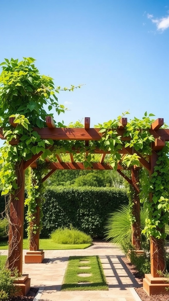 A wooden pergola covered in climbing vines, set in a landscaped backyard with green grass and shrubs.