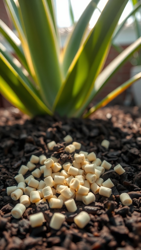 Close-up of slow-release fertilizer pellets on soil near a snake plant