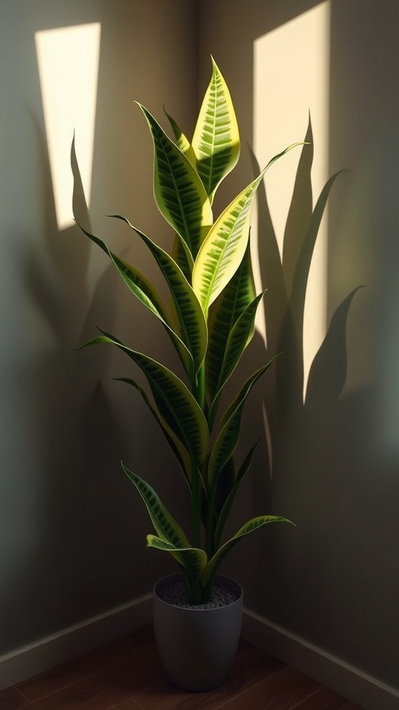 A tall Snake Plant with vibrant green and yellow leaves casting shadows in a well-lit corner of a room.