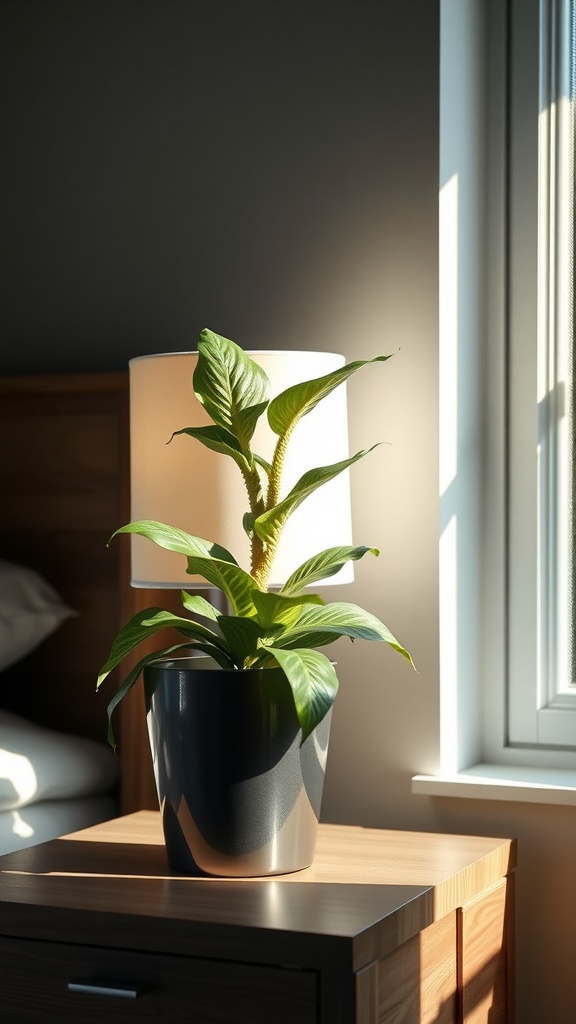 A Snake Plant in a stylish pot placed next to a lamp in a cozy bedroom