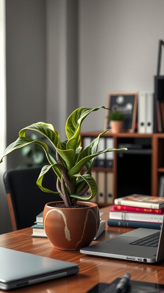 A stylish Snake Plant in a modern office setting, showcasing its lush green leaves and decorative pot.