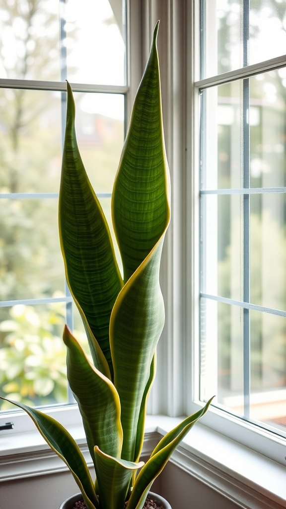 A snake plant growing by an east-facing window