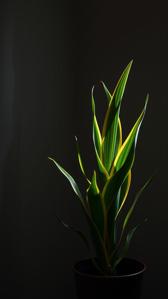 A vibrant snake plant with yellow and green leaves in a dark setting