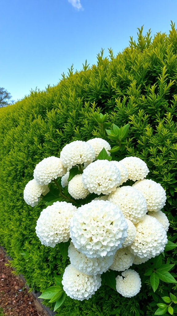 A Snowball Bush with white flowers in front of a lush green hedge.