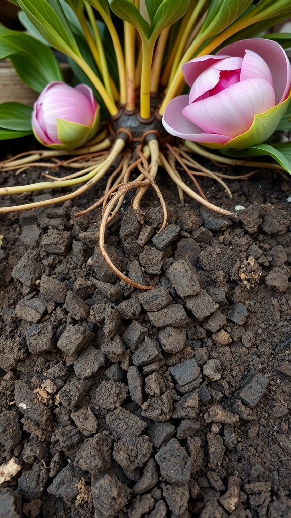 A peony plant with pink buds and visible roots in dark, nutrient-rich soil.