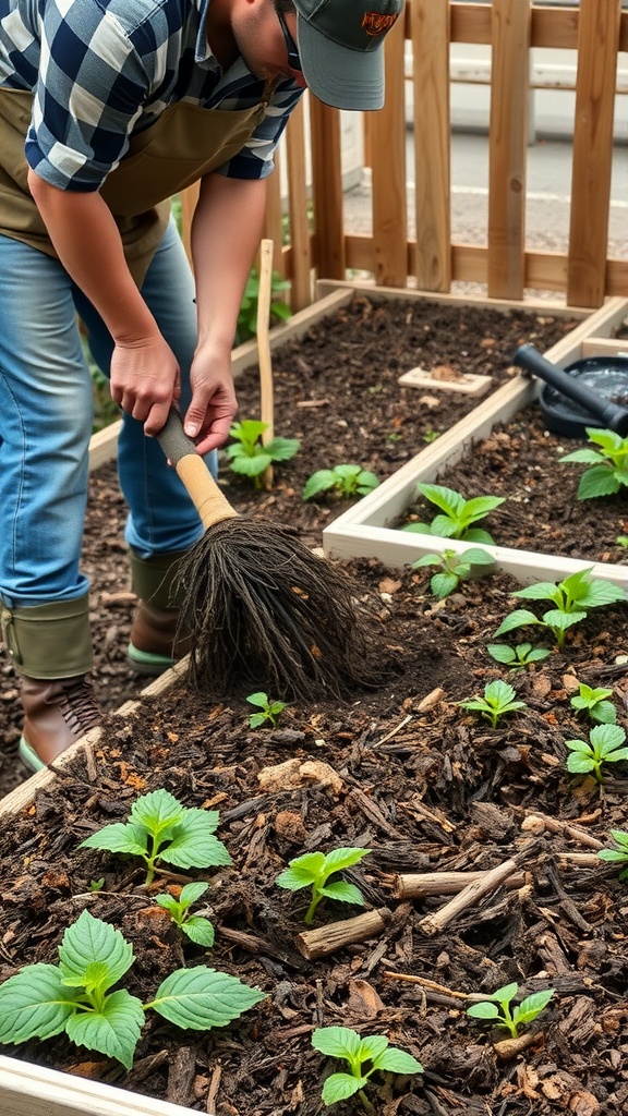 A gardener preparing soil in a raised flower bed, ready for planting.