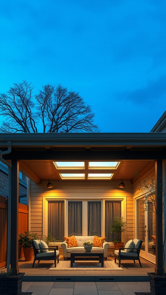 A cozy patio with a solid roof and skylights, featuring comfortable seating and plants.