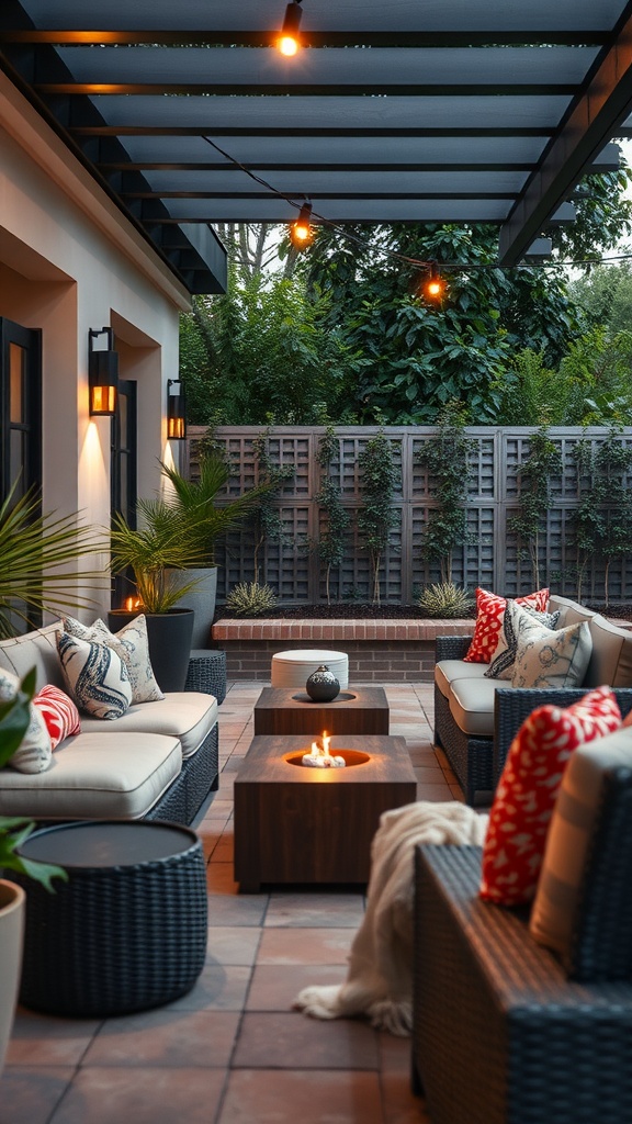 Sophisticated outdoor lounge with cozy seating, warm lighting, and a fire pit.