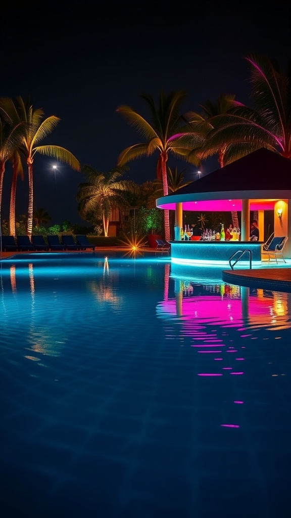 A sophisticated pool at night with a swim-up bar and colorful lighting surrounded by palm trees.