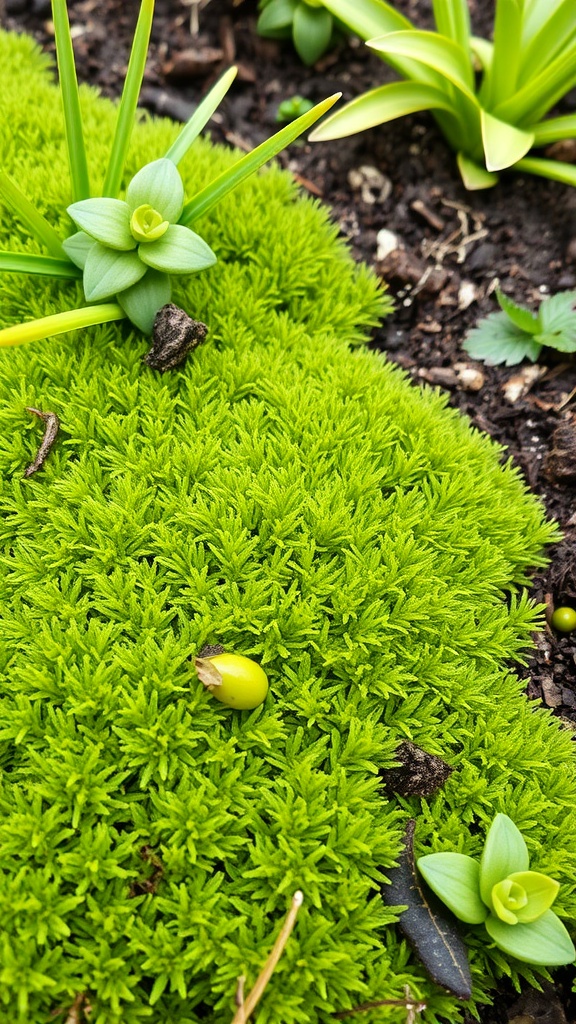 A lush green patch of spagnum moss surrounded by various plants.