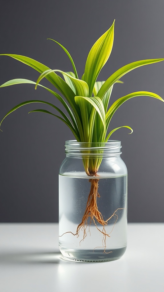 A spider plant cutting with green leaves and visible roots in a jar of water.