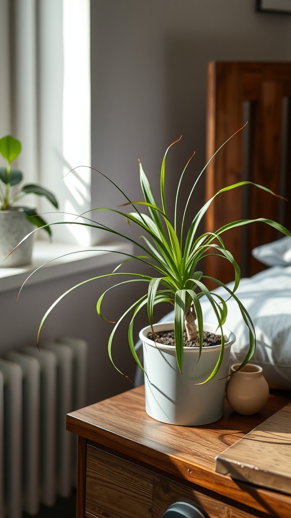 Spider plant with long leaves and smaller plants in blue pots on a white surface.