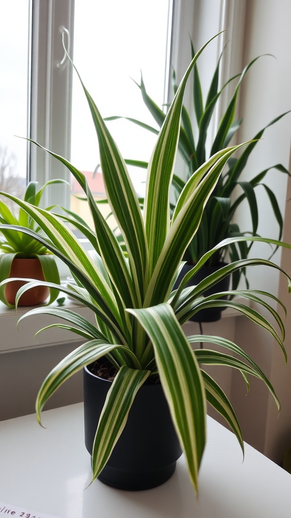 A healthy Spider Plant in a pot, sitting on a windowsill with natural light.