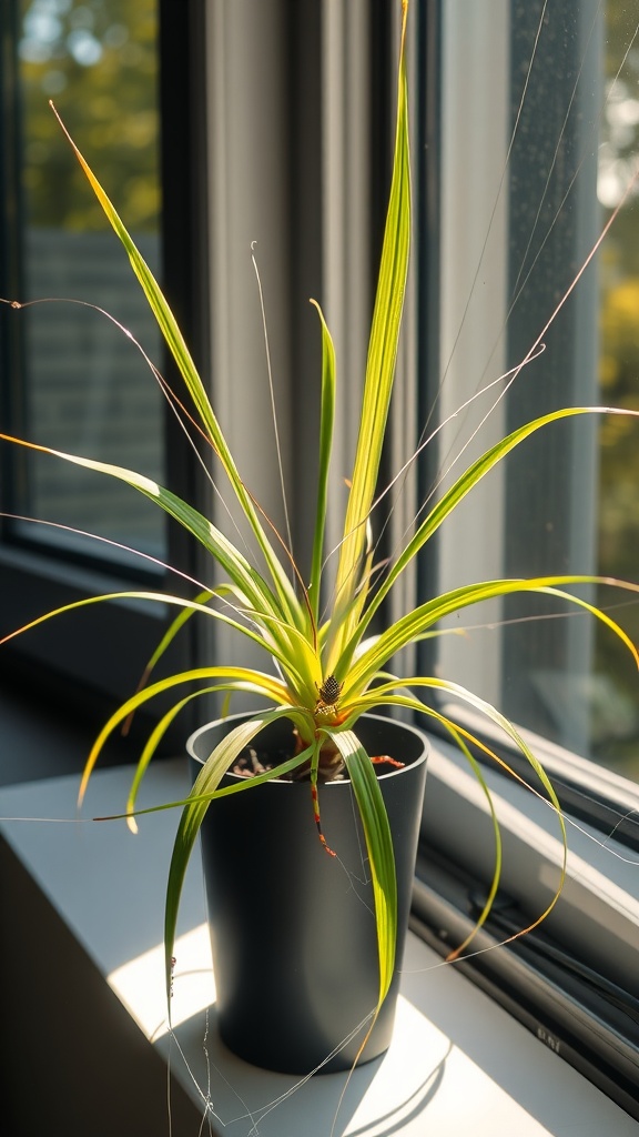 A Spider Plant with long, green leaves in a pot near a sunlit window