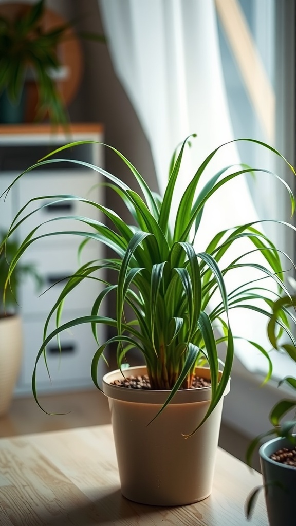 A vibrant Spider Plant in a pot on a wooden table, with soft natural light filtering through curtains.