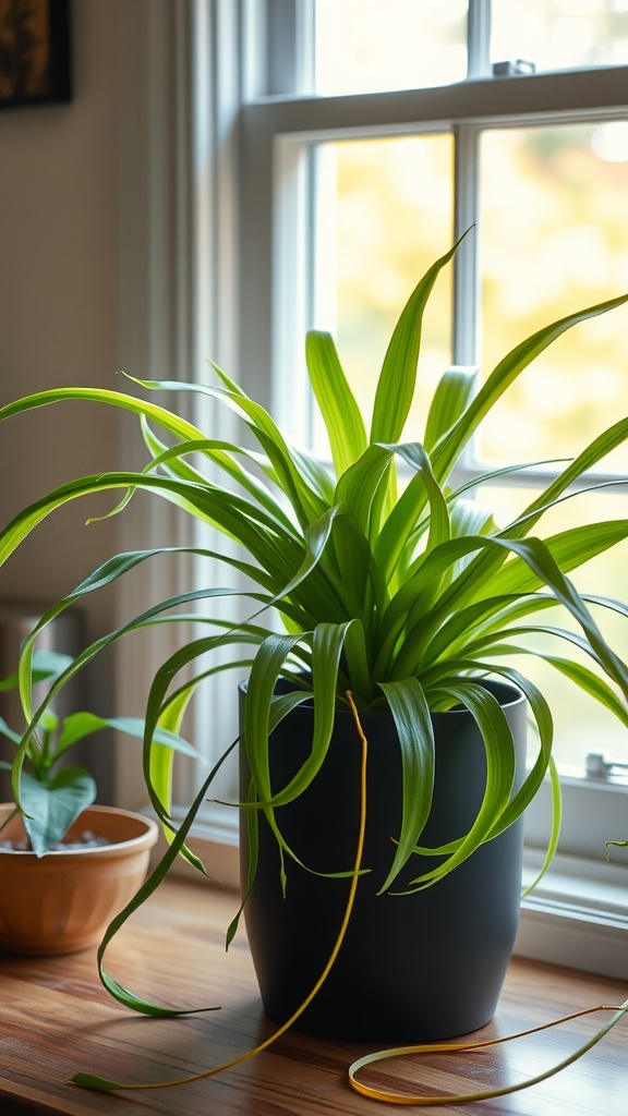 A vibrant Spider Plant sitting in an east-facing window, basking in morning sunlight.