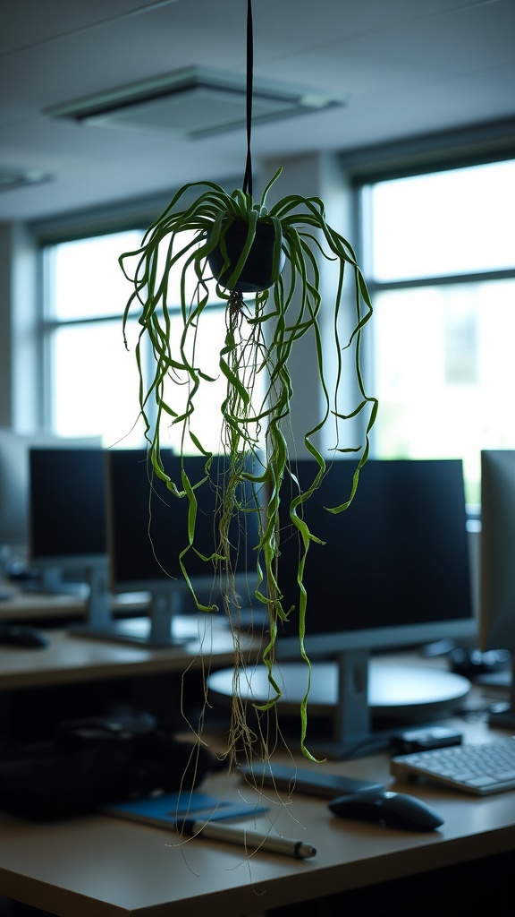 A spider plant hanging in an office with modern desks and computers.