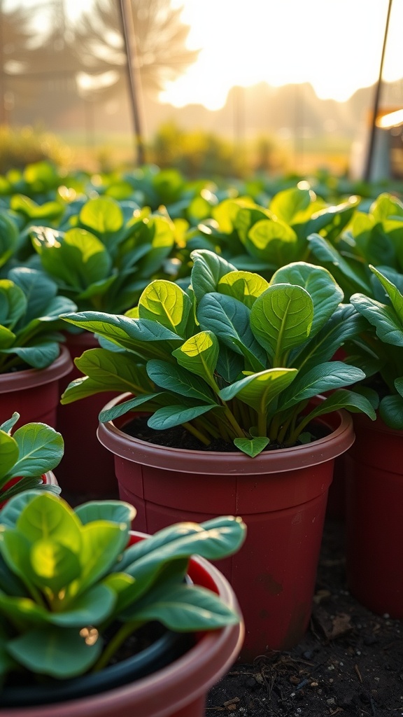 Vibrant spinach plants in red buckets, thriving under sunlight, showcasing a healthy container garden.