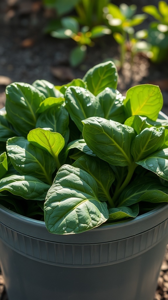 A healthy spinach plant growing in a grey container.