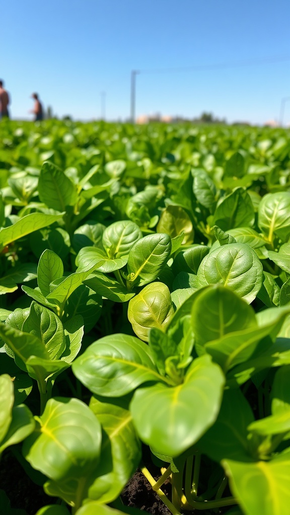 Lush spinach plants growing in a sunny garden.