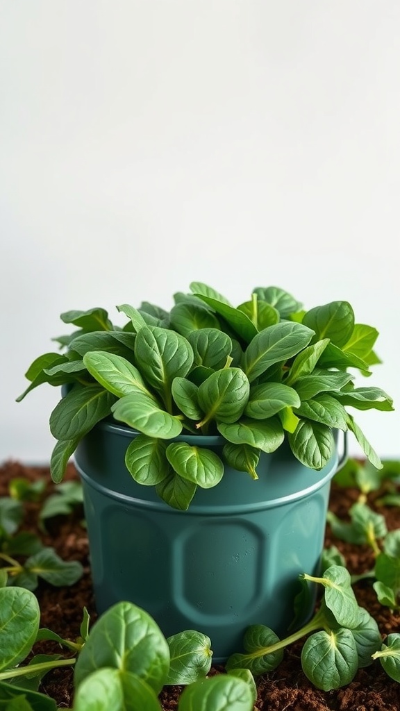 A vibrant spinach plant growing in a green 5 gallon bucket.