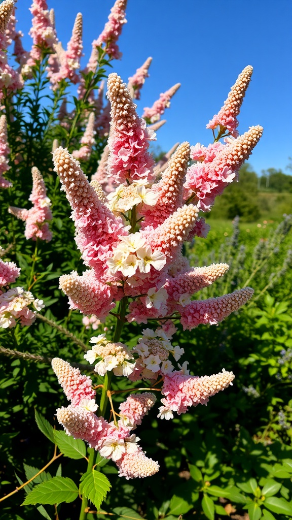 Close-up of Spirea bush with pink and white flower clusters against a blue sky