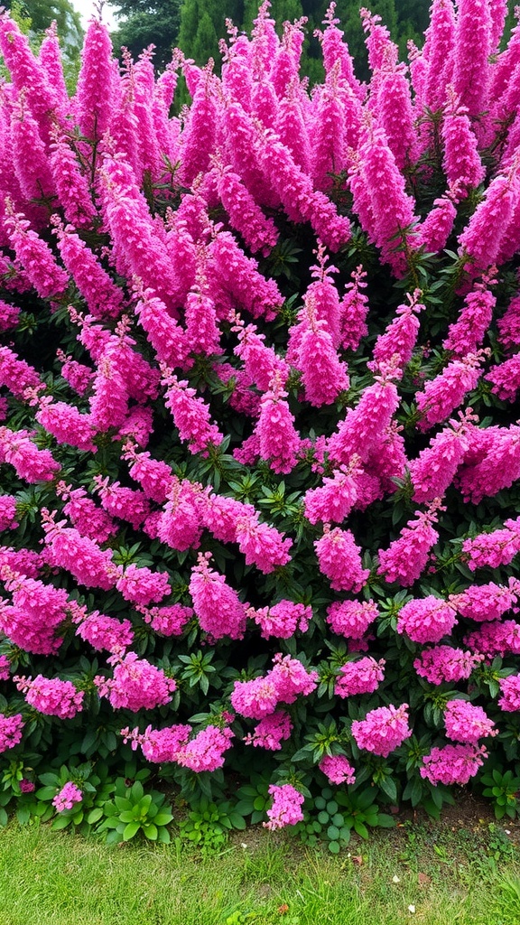 A lush Spiraea Japonica bush covered in vibrant pink flowers, used as a privacy hedge.