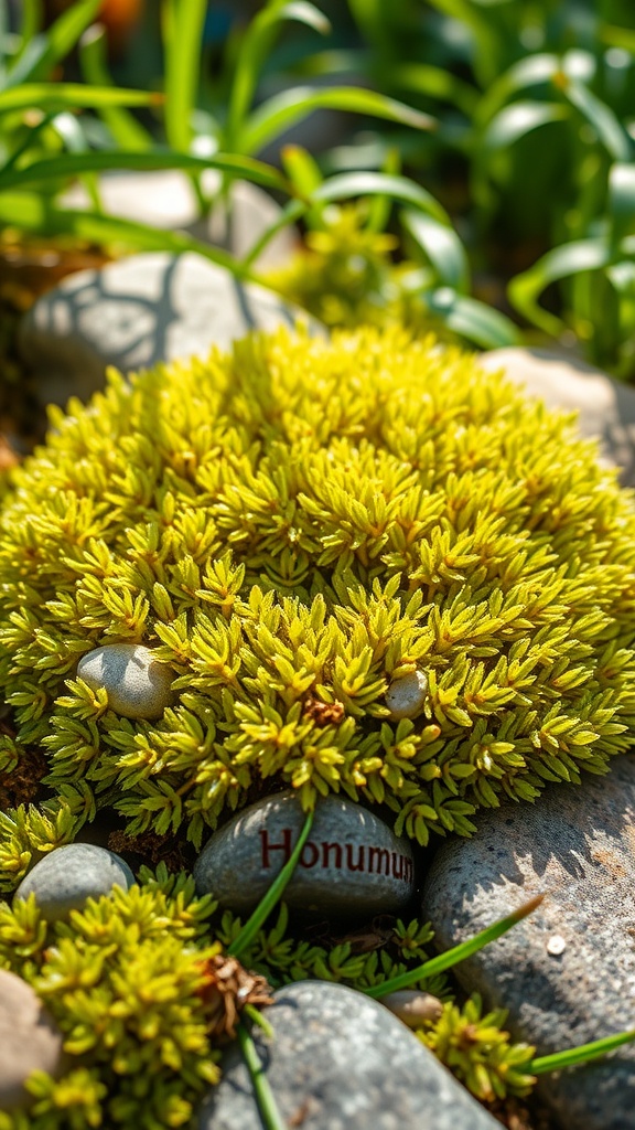 Bright green Springy Moss (Mnium Hornum) growing around stones in a garden setting.