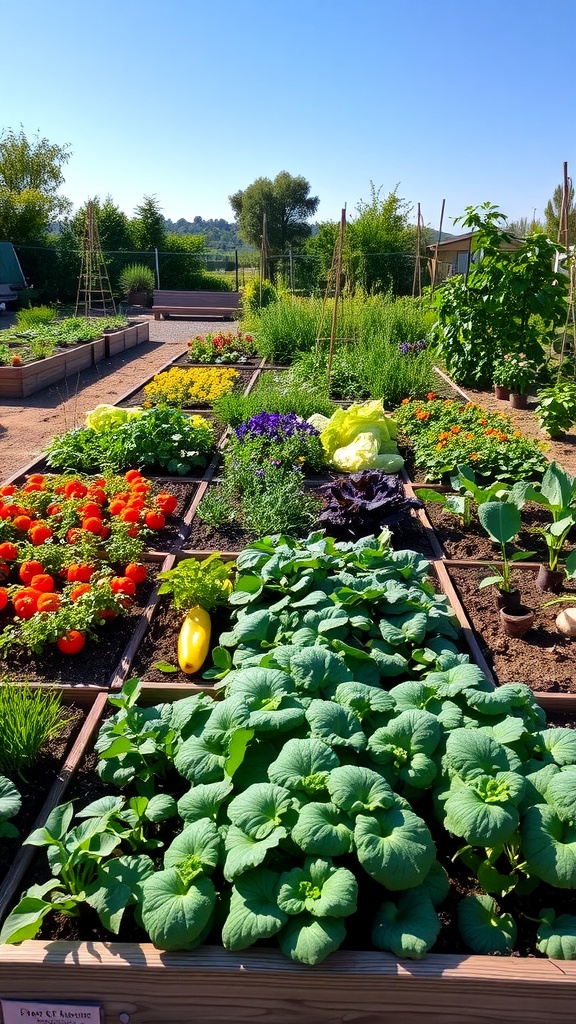 A vibrant square foot garden with various vegetables arranged in neat raised beds.